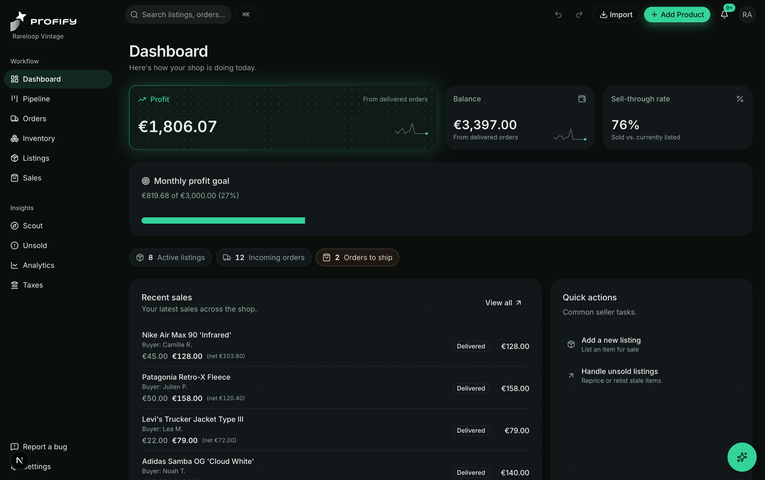 Profify dashboard showing profit, balance, sell-through rate, and recent sales